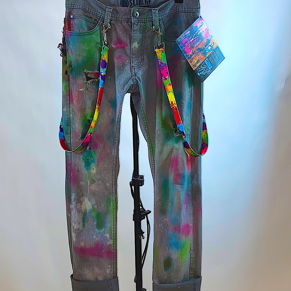 Vintage upcycled Paint splattered distressed bondage jea…